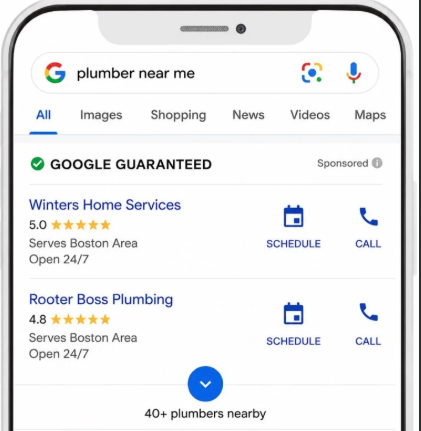 Google's example of the old mobile ad: a plumber near me search with a green Google Guaranteed label above two plumbers with schedule and call buttons
