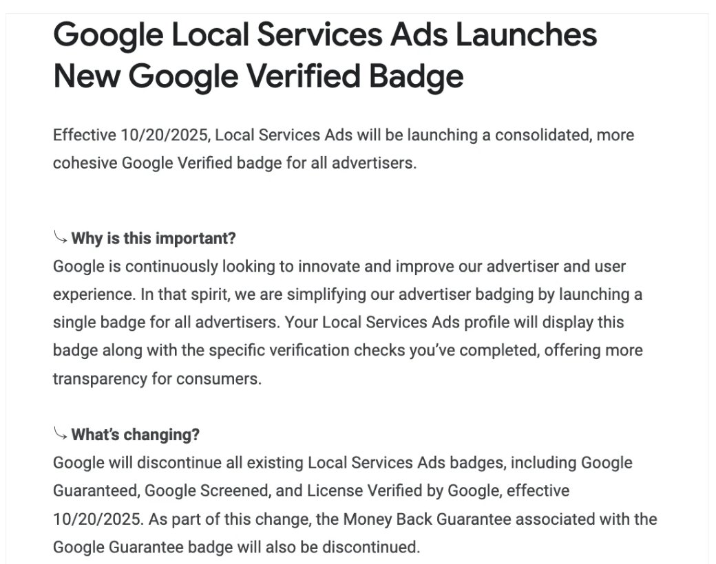 Google's email to Local Services Ads advertisers announcing the Google Verified badge, effective 20 October 2025, and the end of Google Guaranteed, Google Screened and License Verified